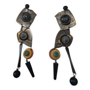 Vintage Modernist Artisan Gale Rothstein Multi Semi Precious Stone Clip Earrings